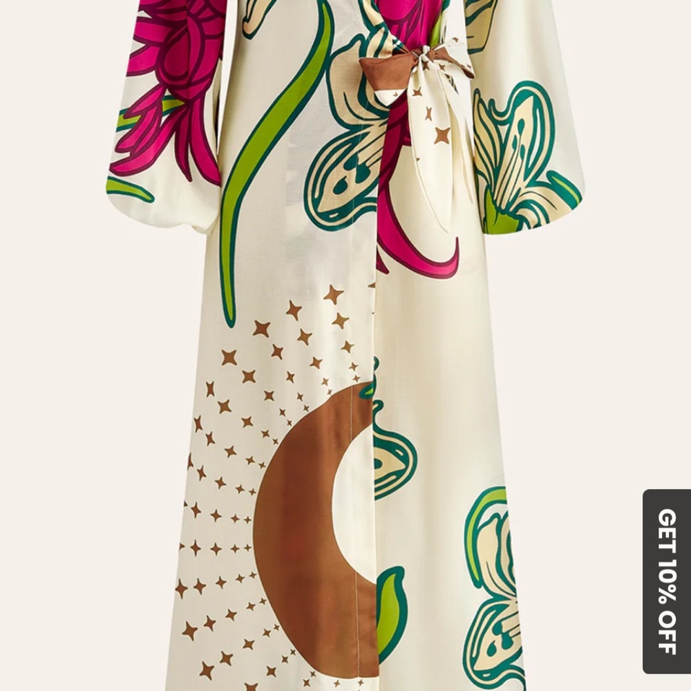 NWT Floral Print Maxi tie waist wrap Dress - Cream and Green
